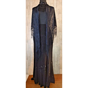 Qian Cai Woman Outfit SZ 15 Black long Elaborate Skirt Crochet Shaw Bead Choker